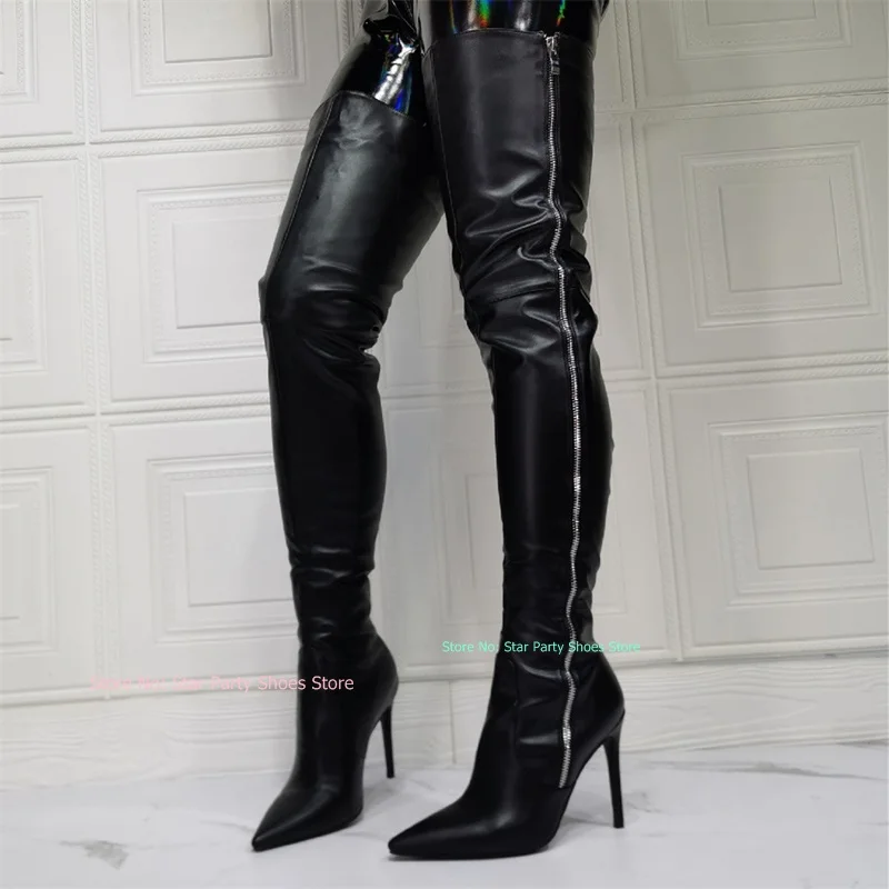 Graceful Woman Pointed Toe Black Over The Knee Super High Heel Side Zipper Dress Dating Leather Boots Shoes