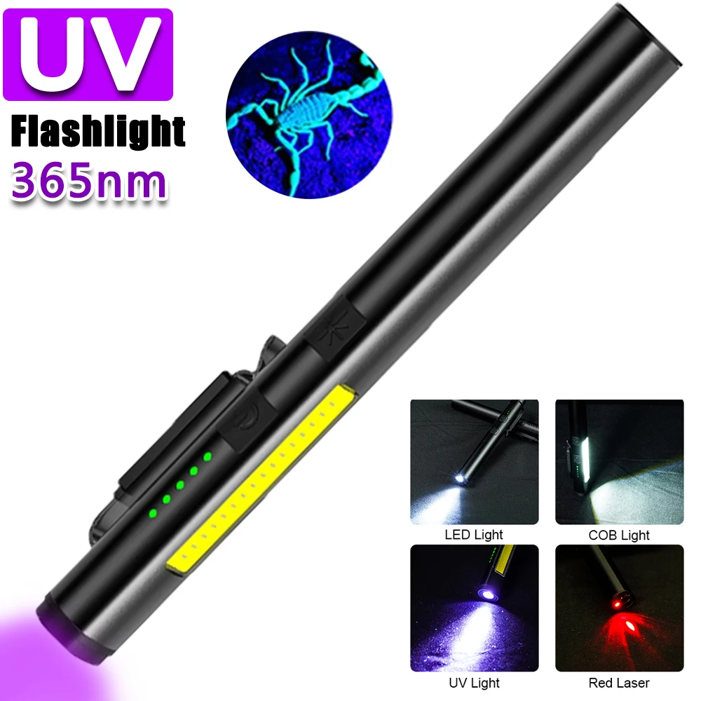 365nm UV Flashlight Waterproof Ultra Violet Light Rechargeable Mini flashlight pen Clip torch Scorpion Urine Stain Detector Tool