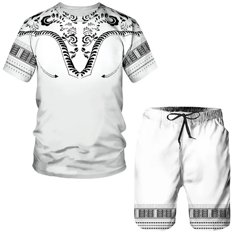 2 peça conjunto outfits africano dashiki vintage 3d impressão das mulheres dos homens de manga curta camiseta calças curtas terno treino roupas masculinas