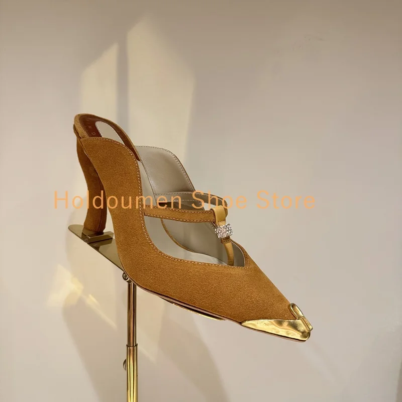 

Suede Metal Decor Pointed Toe Round Buckle Jewelry Slipper Sexy Strange Style Heel Slip On Trendy Slipper Hot Chick Catwalk Shoe
