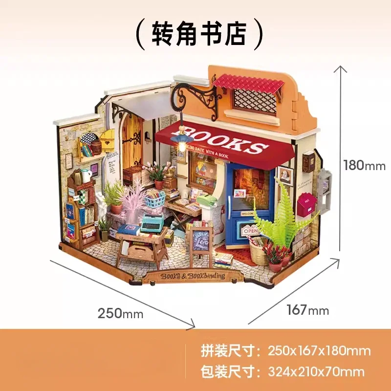 DIY Corner Bookstore Wooden Model Kits Custom Crafts 3D Diorama Puzzles with Lamp for Adults Birthday Gift for Women Kids