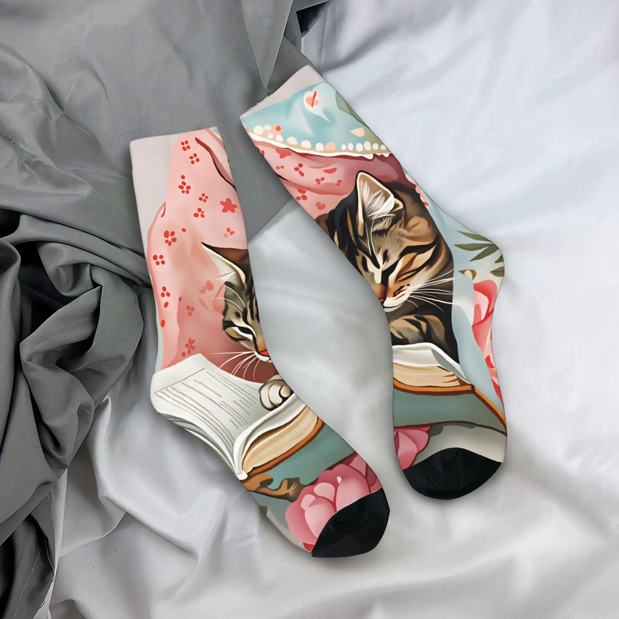 

Men's Socks Whimsical Reading Cat Stockings Anti Bacterial Soft Breathable Socks Autumn Funny Graphic Outdoor Sports Socks