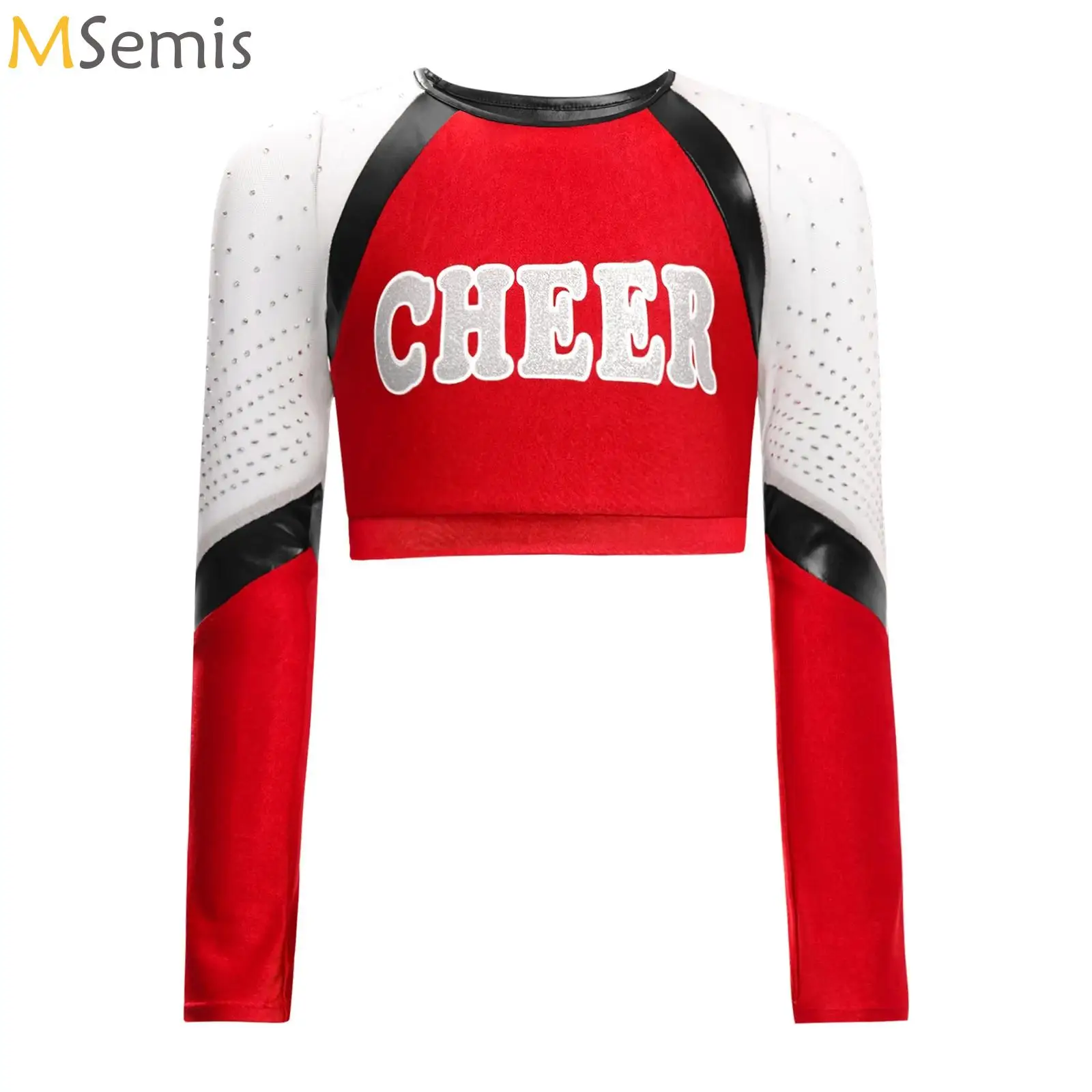

Kids Child Cosplay Cheerleader Costume Cheerleading Uniform Shiny Rhinestones Mesh Patchwork Crop Top School Girls Dancewear