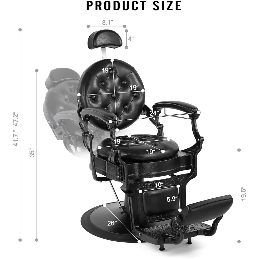 Retro-Style Heavy Duty Barber Chair: Black Leather, Reclining, 360° Swivel, Round Base for Salon Use