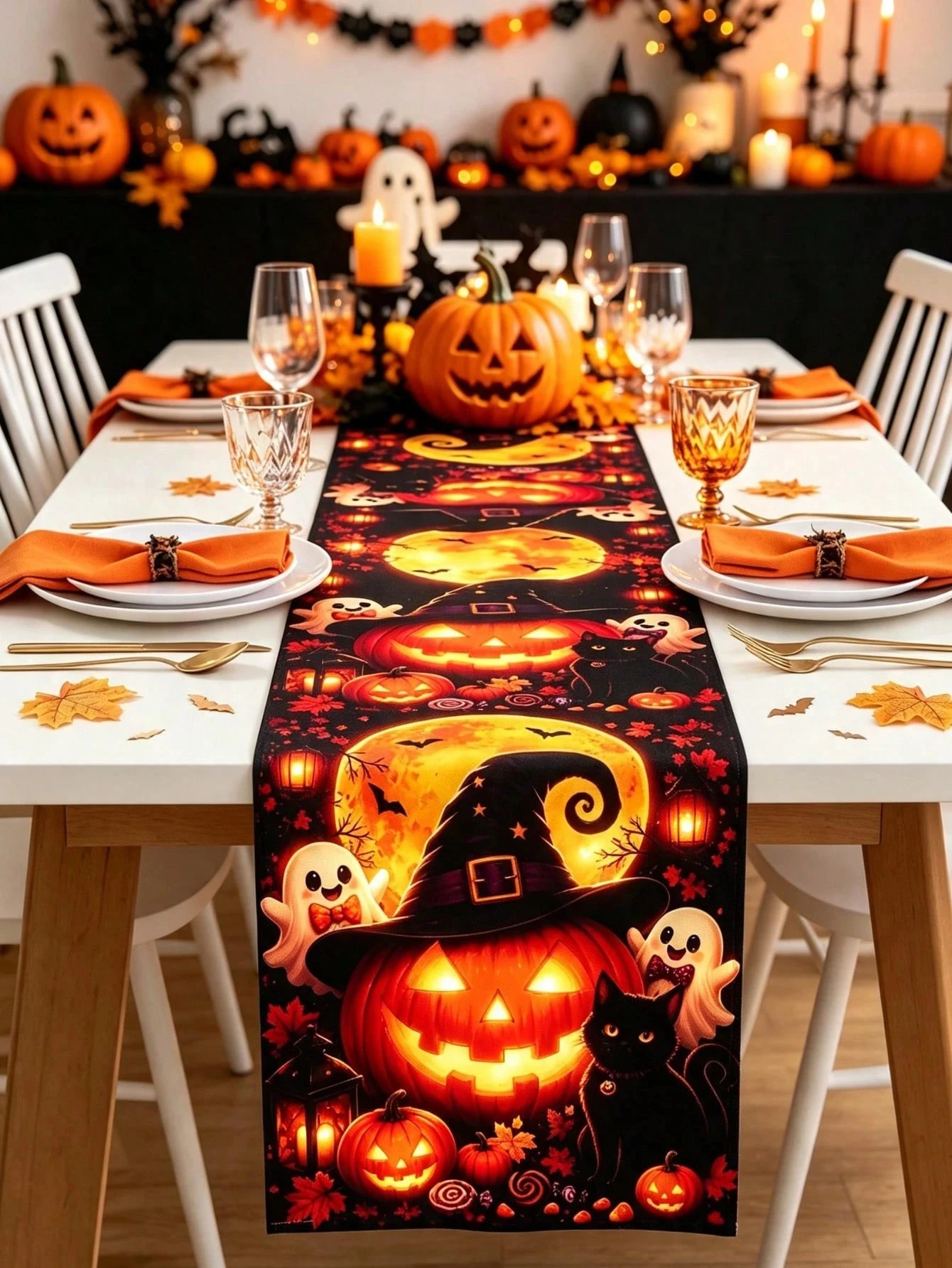 Halloween Linen Table Runner, 2D Witch Hat Pumpkin Black Cat Ghost Moon Print, Multiple Sizes, Ideal Halloween Party Table Decor