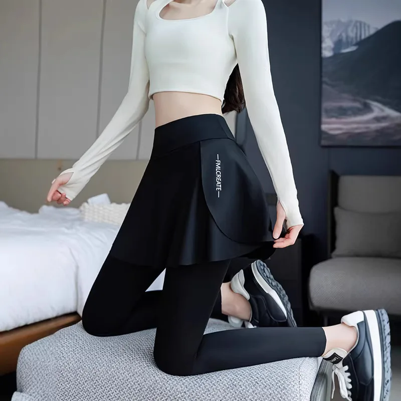 Women Fake Two Piece Yoga Leggings High Waist Workout Running Sports Pants Tummy Control Fitness Pants