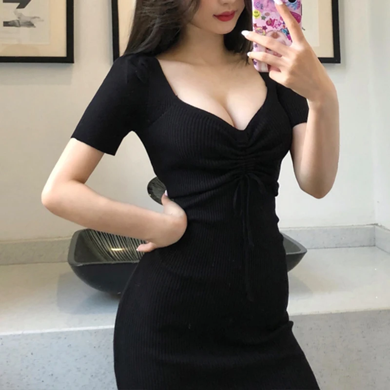 Summer Women Solid Knit Bodycon Mini Dress Sexy Drawstring V Neck Slim Short Sleeve Dresses