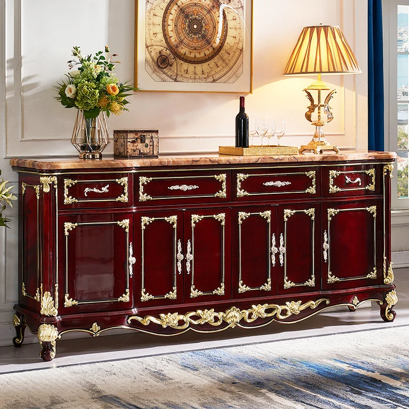 European style sideboard, marble wine cabinet, red ebony restaurant storage cabinet, carved cupboard