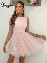 Sexy see through pink sequin mini summer dress women 2024 backless mesh birthday party dress bridesmaid evening dresses vestidos