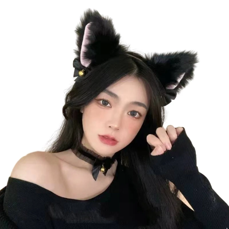 Y1UB Trẻ Em-Động Vật Trang Phục Mèo Băng Đô Đuôi Găng Tay Chuông Ren Choker 3/4