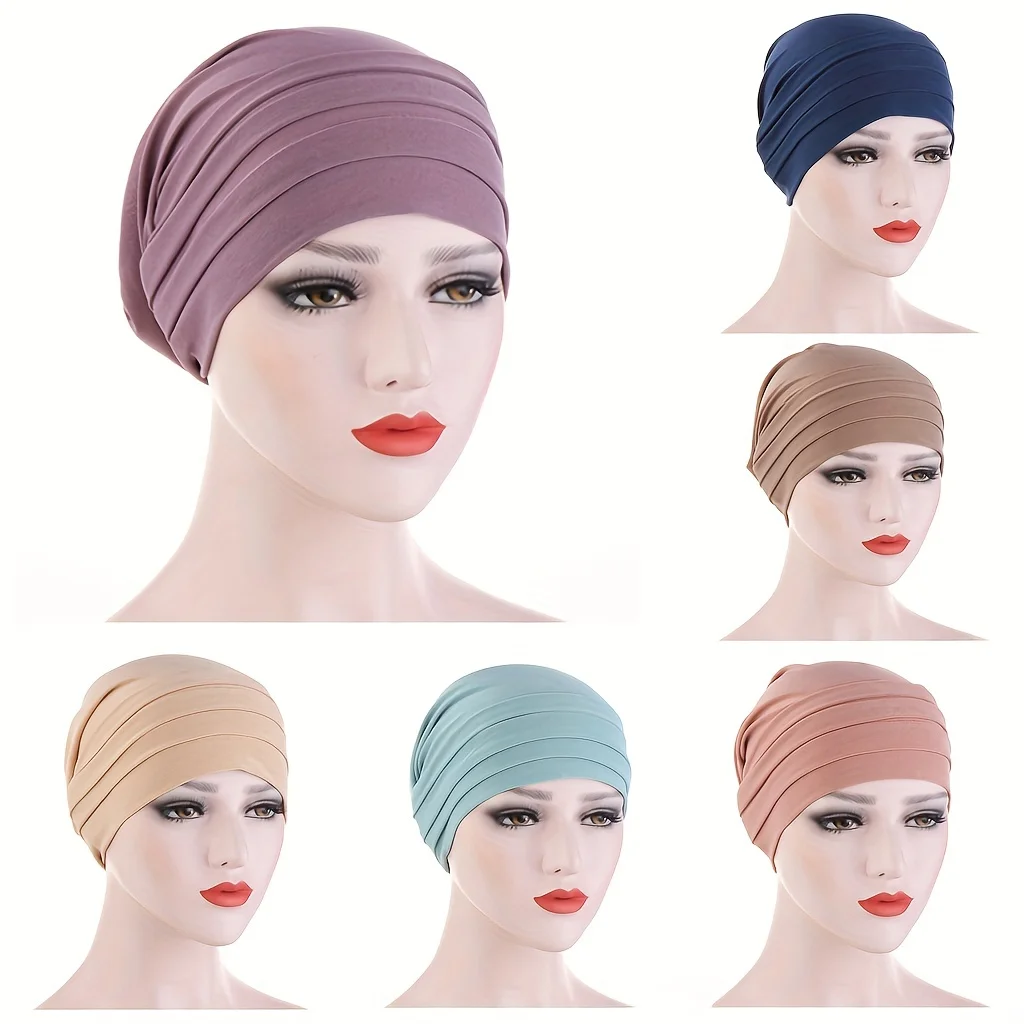 Solid Color Turban Lightweight Head Scarf Ramadan Head Wrap Breathable Elastic Beanie Cap Chemo Hat