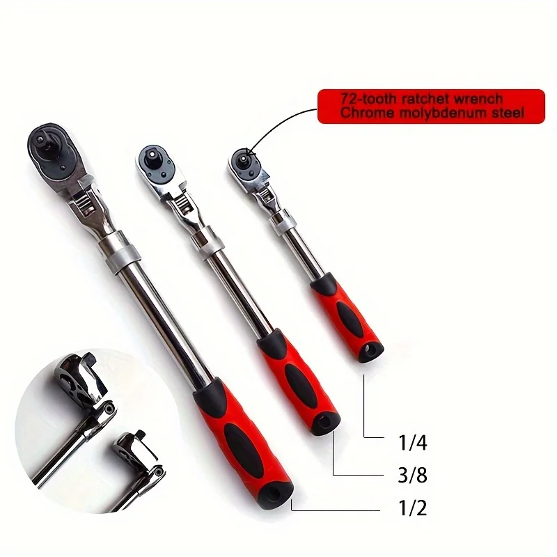 Telescopic Quick Ratchet Wrench 1/4 3/8 1/2 Movable Head Chrome Vanadium Steel Professional Repair Car Household Tools 72 Teeth