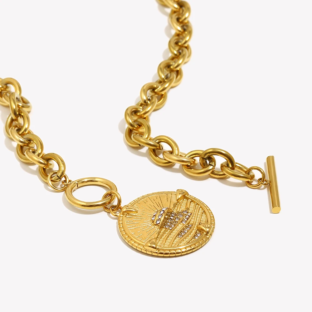 E.B.belle OT Buckle Round Sunrise Pendant Necklace 316L Stainless Steel 18K Gold Plated Exaggerated Jewelry Accessories