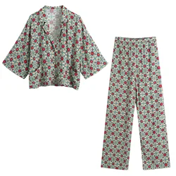 Women Floral Print Pajamas 2 Pcs With Pant Ladies Summer Spring Sleepwear Half Sleeve Loose Homewear Pijama Suit For Female