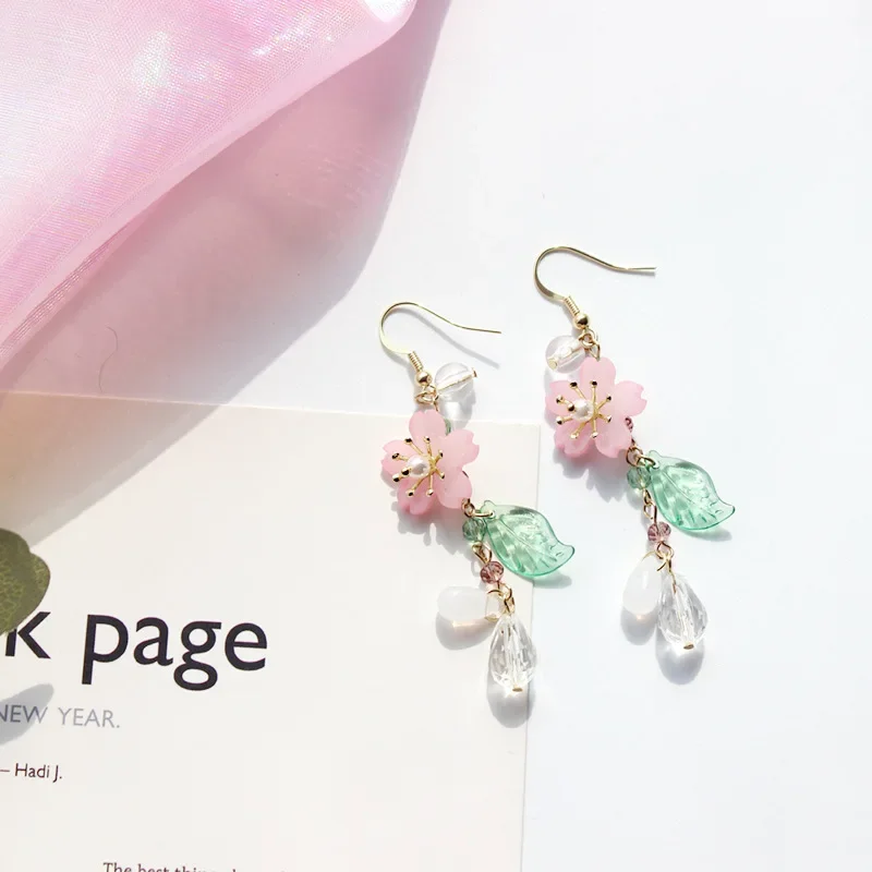 Pink Flower Clip on Dangle Earrings No Pierced for Women Crystal Leaf Dangling Earrings Statement Seaside Idyllic Birthday Gift