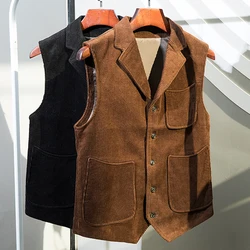 Men's Vest Coffee Black Corduroy Tweed Tailored Collar Retro Tooling Waistcoat Single Breasted 3 Pockets Vintage Wedding Vest