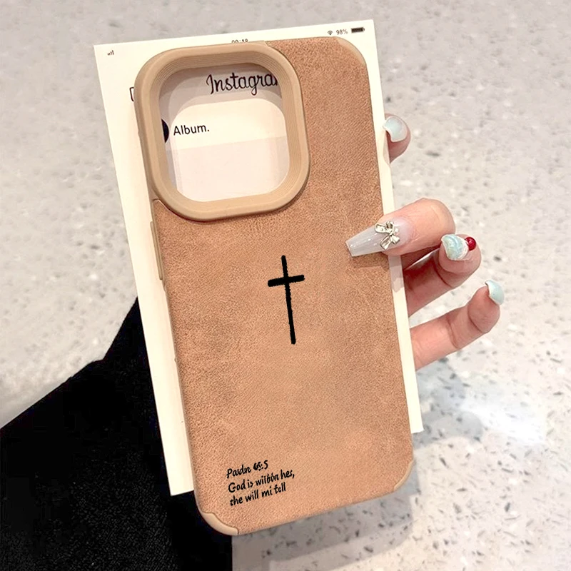 Coque de téléphone GOD Jesus pour iPhone 17 AIR 16 15 14 13 Pro 12 11 Pro Xs XR Max en cuir artificiel suédé marron - S806P1
