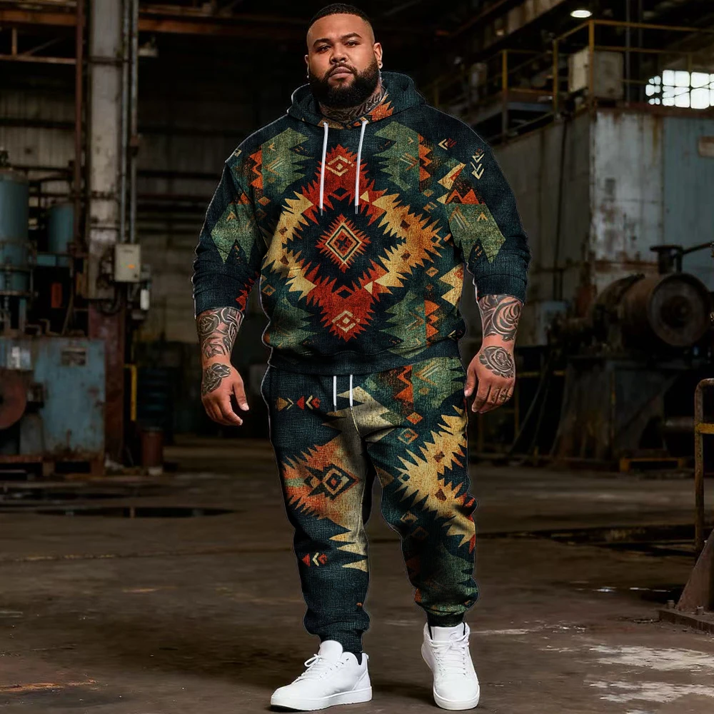 

S-9xl Мужская толстовка больших размеров большого и высокого размера: этнические, клетчатые элементы — одежда из двух предметов, дышащий материал, стильный дизайн