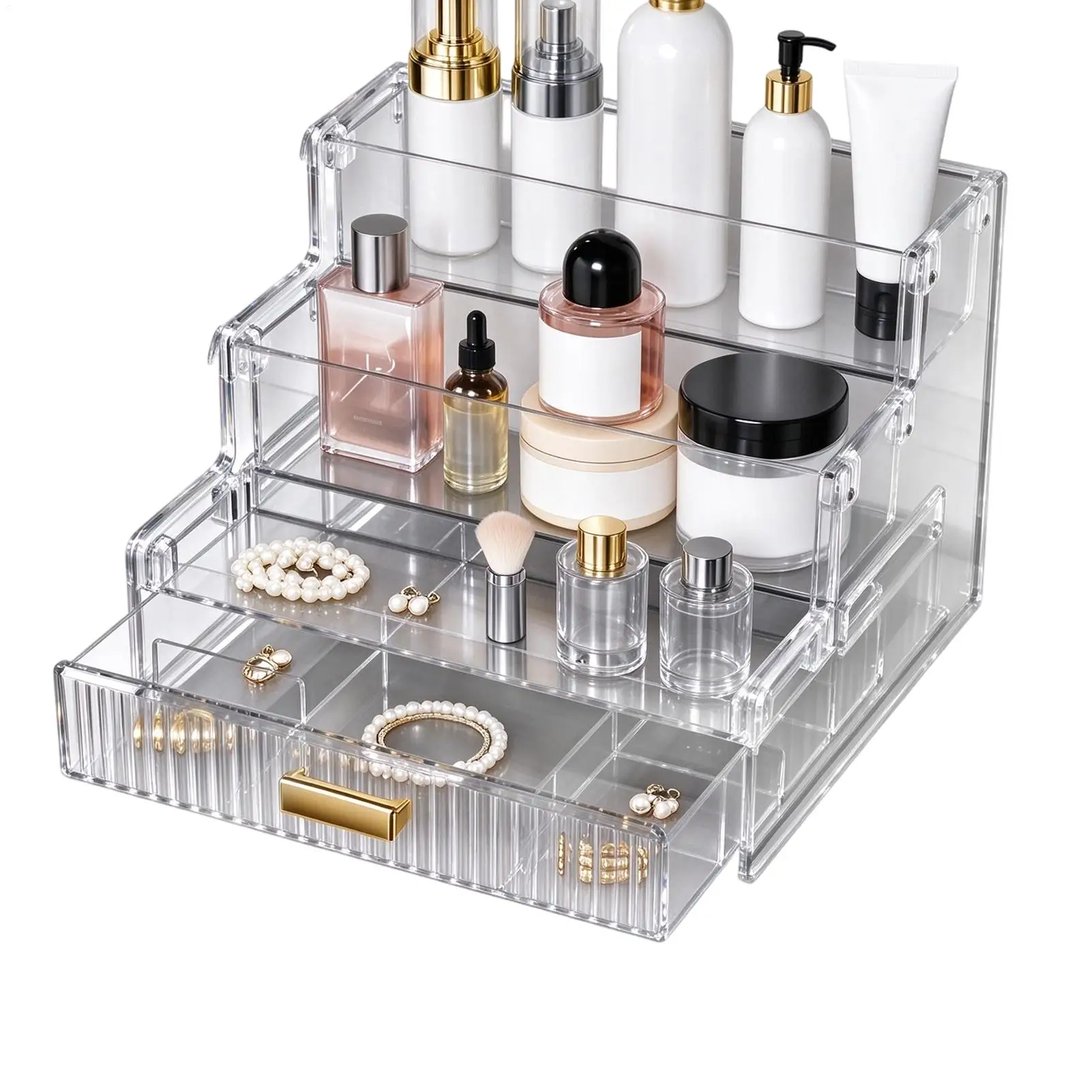Desk Organizer Makeup 3-Tier Large-Capacity Smooth-Sliding Drawer Countertop Vanity Makeup Organizer For Bathroom Cabinet