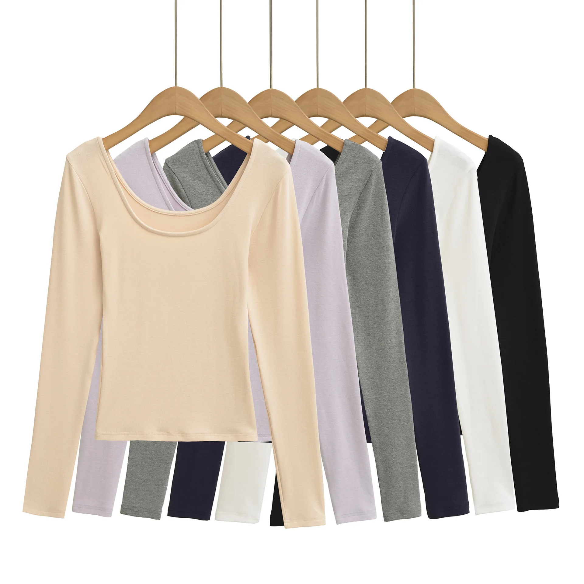 Spicy Girl col en U profond cachemire à manches longues femmes automne nouveau coupe ajustée couleur unie épaule régulière Base petit haut T-Shirt J8BX