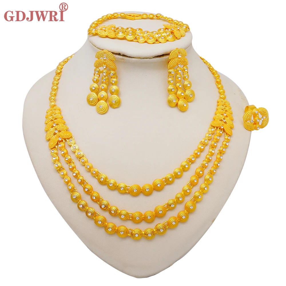 Fashion For Women Special Gold Color Three Layer Necklace Bracelet Earrings Ring Jewelry Set Dubai African Wedding Accessories