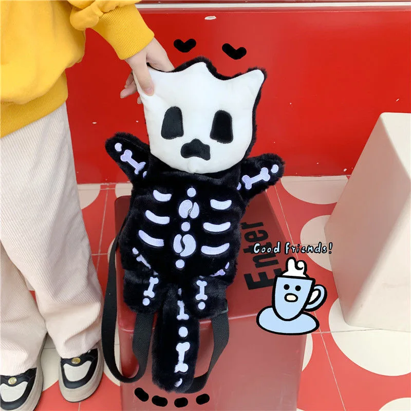 Skull Plush Backpack Gothic Water Bottle Bag Goth Doll Backpack Female Winter Furry Bag Skull Shape Bag Skeleton Birthday Gift