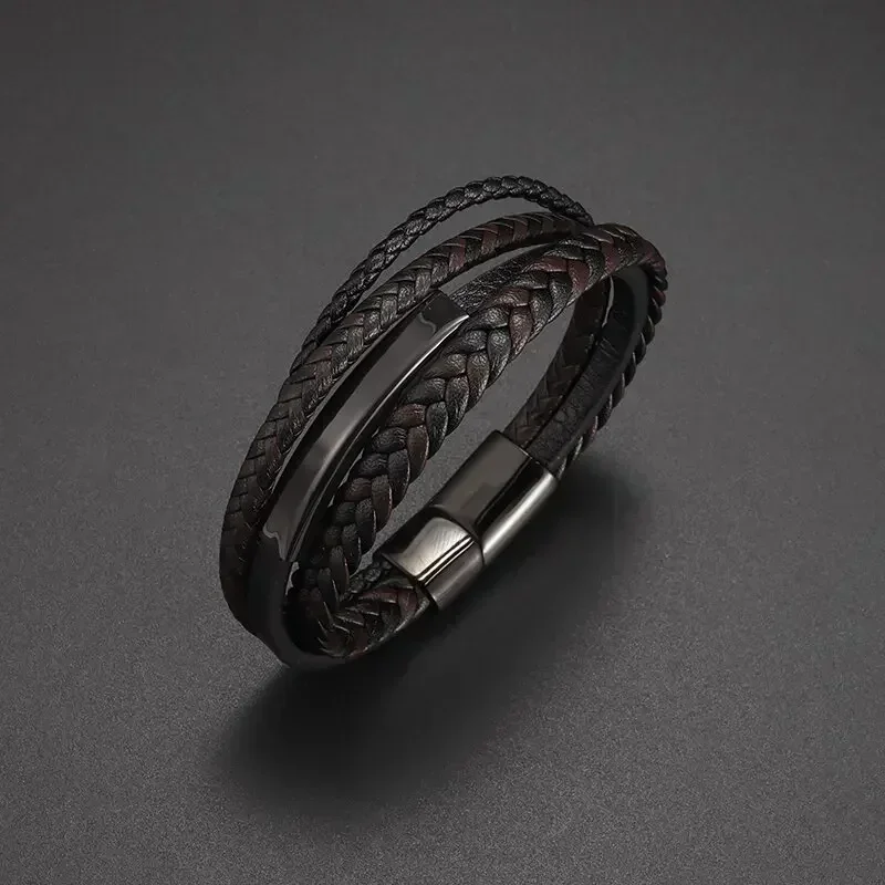 

Fashion Charm Men\\\\'s Bangles Magnetic Buckle Braided Layered Leather Wrapped Punk Rock Bracelet Men\\\\'s Casual Jewelry