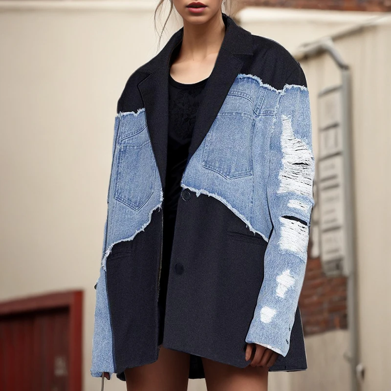 New American Retro Contrasting Color Patchwork Suit Jacket Design With Loose Denim Jacket Coat For Women's Jacket Top