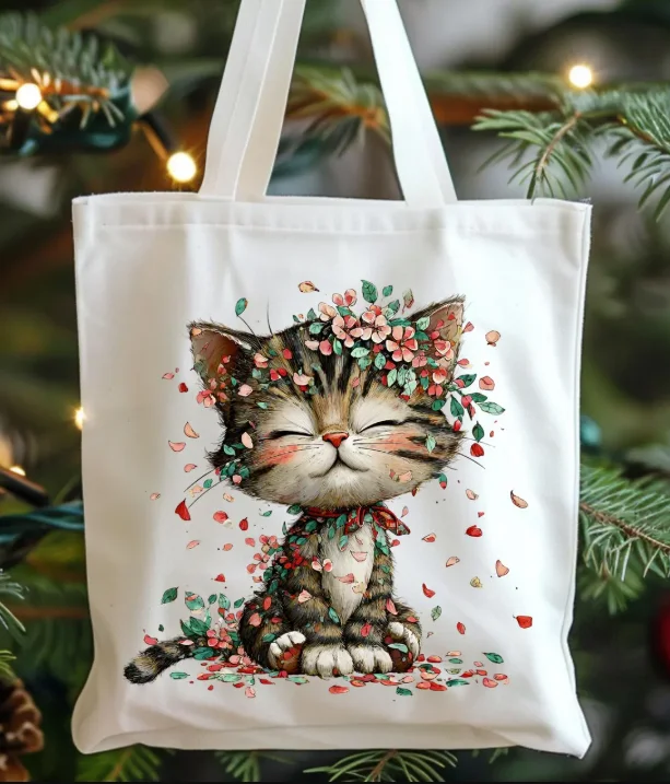 Cute Cat Cherry Blossom Tote Bag Versatile Minimal Canvas Shoulder Bag for Women Casual Reusable Shopping Handbag Fashionable