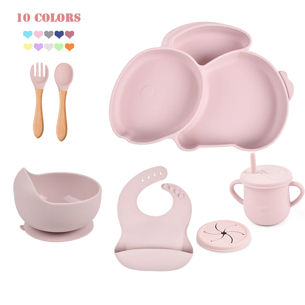 Rabbit Shape Baby Silicone Tableware Feeding Set Suction Plate Bowel Bib Spoon Fork Drinking Cup Child Compartment BPA Free New