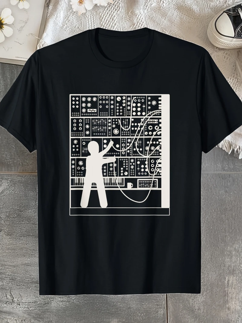 100% Cotton Heavyweight Modular Synthesizer Graphic T-Shirt - Tech Music Gear, Loose Crew Neck, Suitable for All Seasons