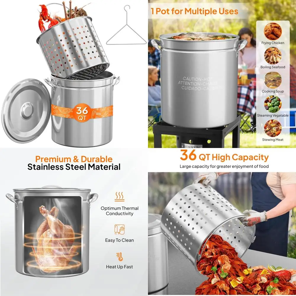

Кастрюля для кипячения морепродуктов из нержавеющей стали, 36 литров, с корзиной для ситечка и крышкой, идеально подходит для крабов, омаров, кипячения креветок, универсальной кухни