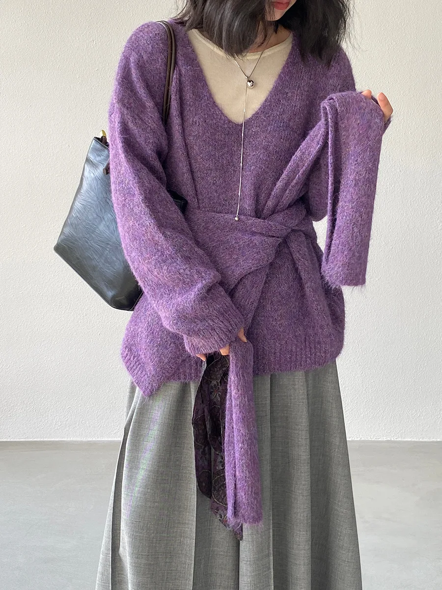 2025 가을 단색 부드럽고 편안한 니트 스웨터 + 숄 스타일의 루즈하고 우아한 다용도 스웨터