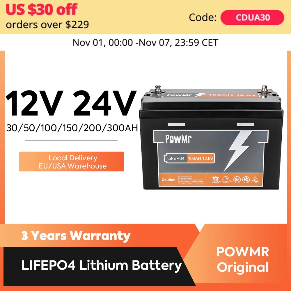 

PowMr 24V 12V LiFePO4 Battery Powerwall Lithium Batteries 100AH 150AH 200AH 300AH Max 4PCS Series Parallel