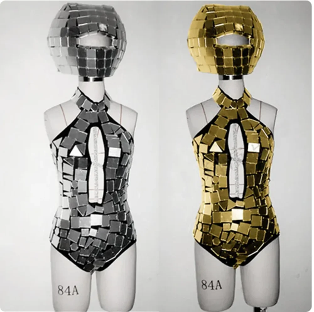 Kombinezon z cekinami do klubu nocnego, strój rave, kostium do tańca GoGo, odzież sceniczna, srebrny/złoty, seksowny, z wycięciami, model yj115