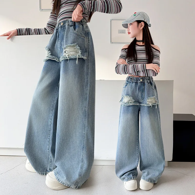 Girls' Ripped Jeans Children Loose Ripped Curtain Denim Pants Kids Spring Autumn New Style Student Straight-leg Wide-leg Trouser
