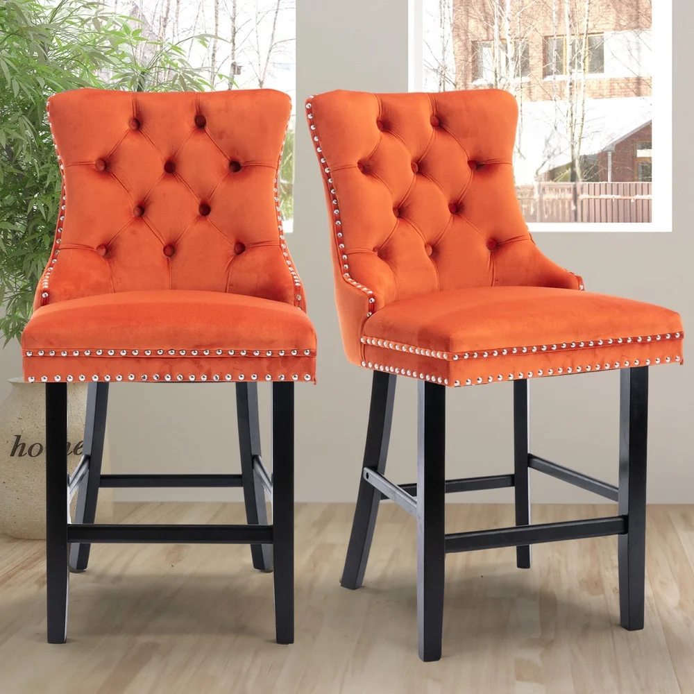Upholstered Bar Stools Set of 2 Velvet Counter Height Chairs with Backrest Footrest Kitchen Dining Room Indoor Use