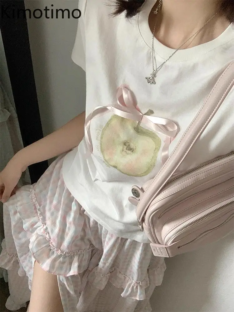 Kimotimo Sweet Bow Printed Short Sleeve White T-shirt Women Japan Style Round Neck Slim Fit Crop Top Summer Versatile Y2k Tees