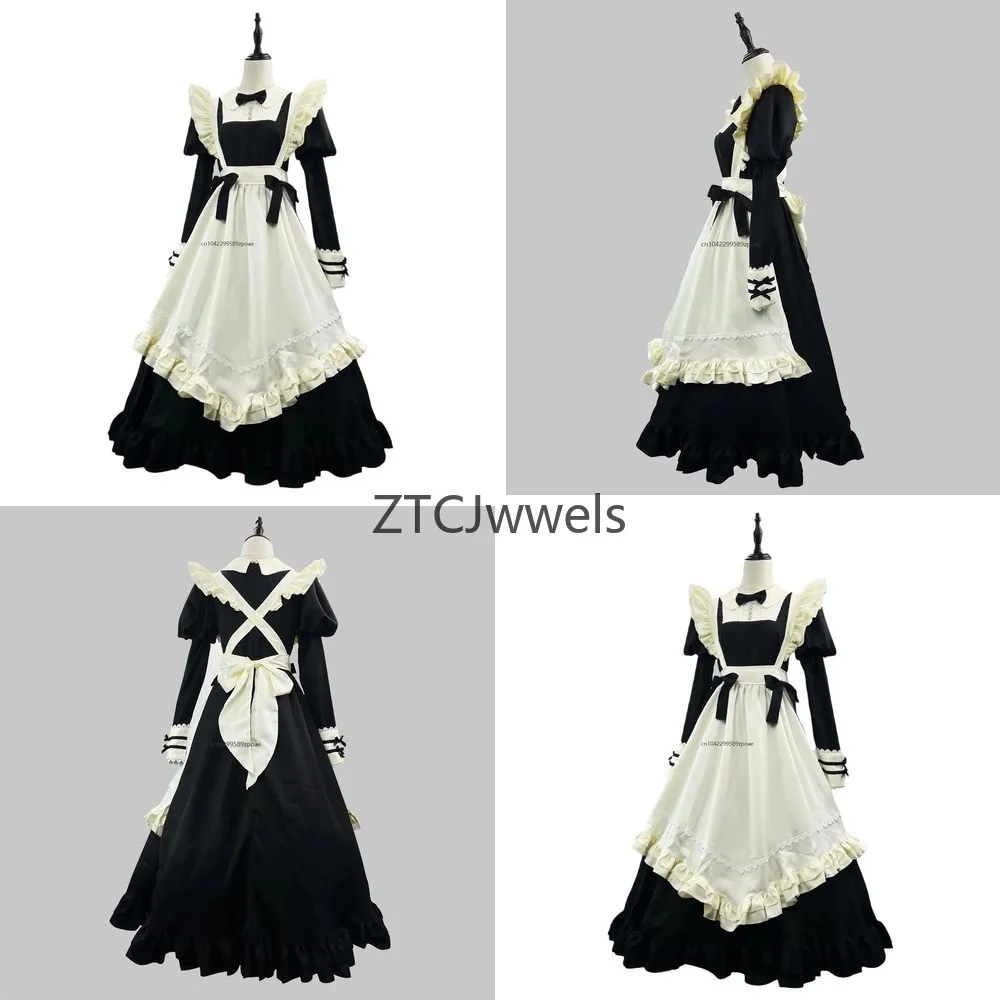 

Elegant Lolita Black Long Sleeved Maid Cosplay Costume with Lace Apron Sweet Cute Role Play Outfit