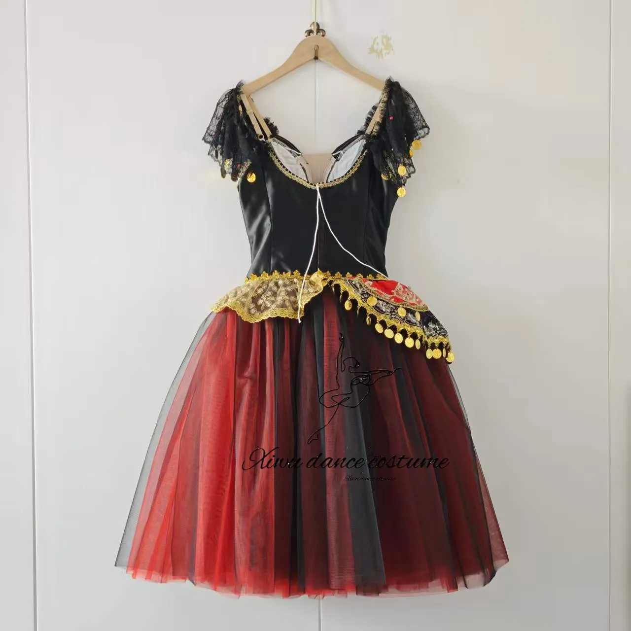 Glamorous Black Red Flamenco Style Ballerina Dress - Gold Embroidered Stage Tutu view 5