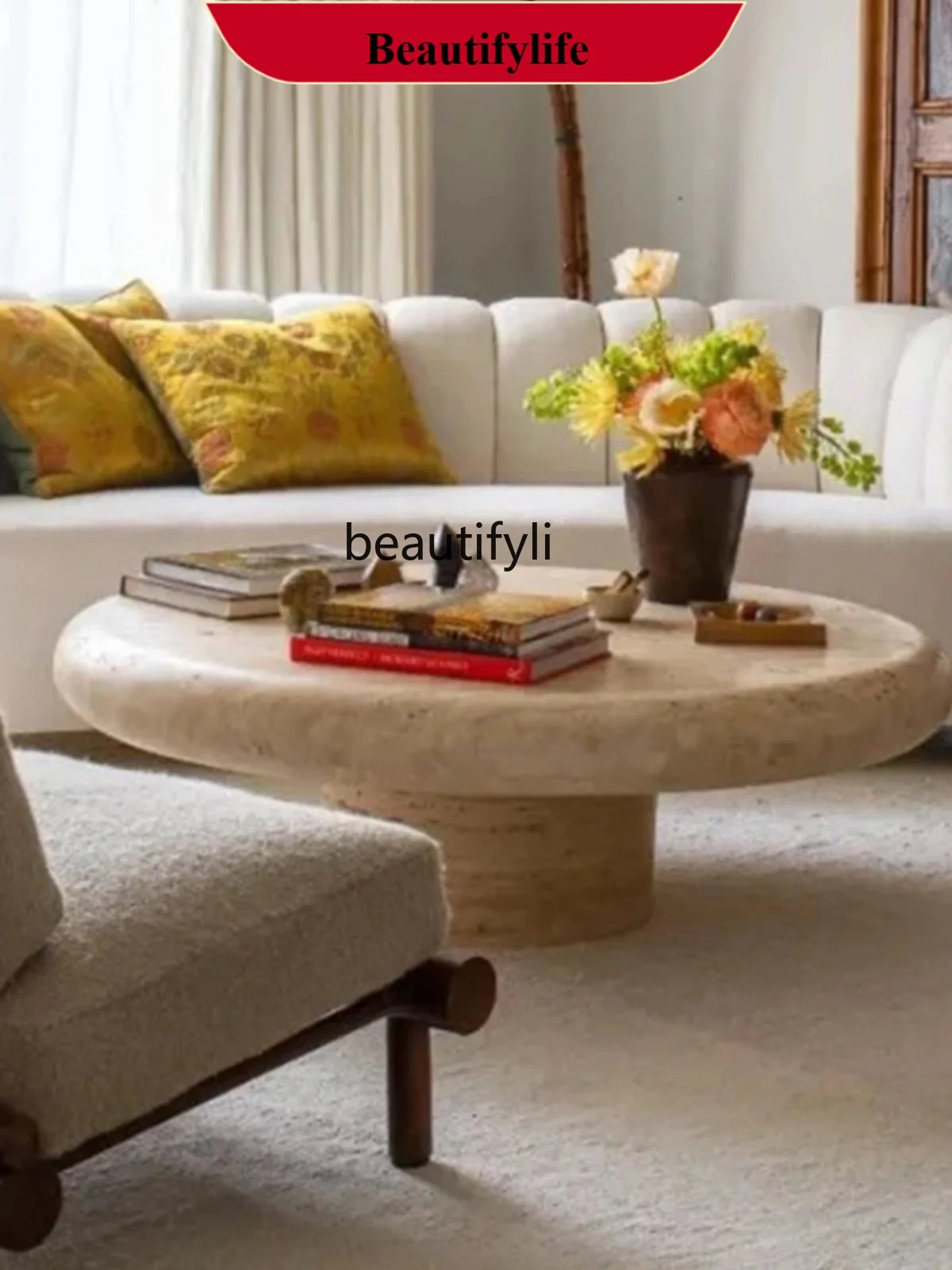 

Natural Cave Stone Coffee Table Designer Living Room Silent Style round Table Marble Retro Tea Table Middle Ancient