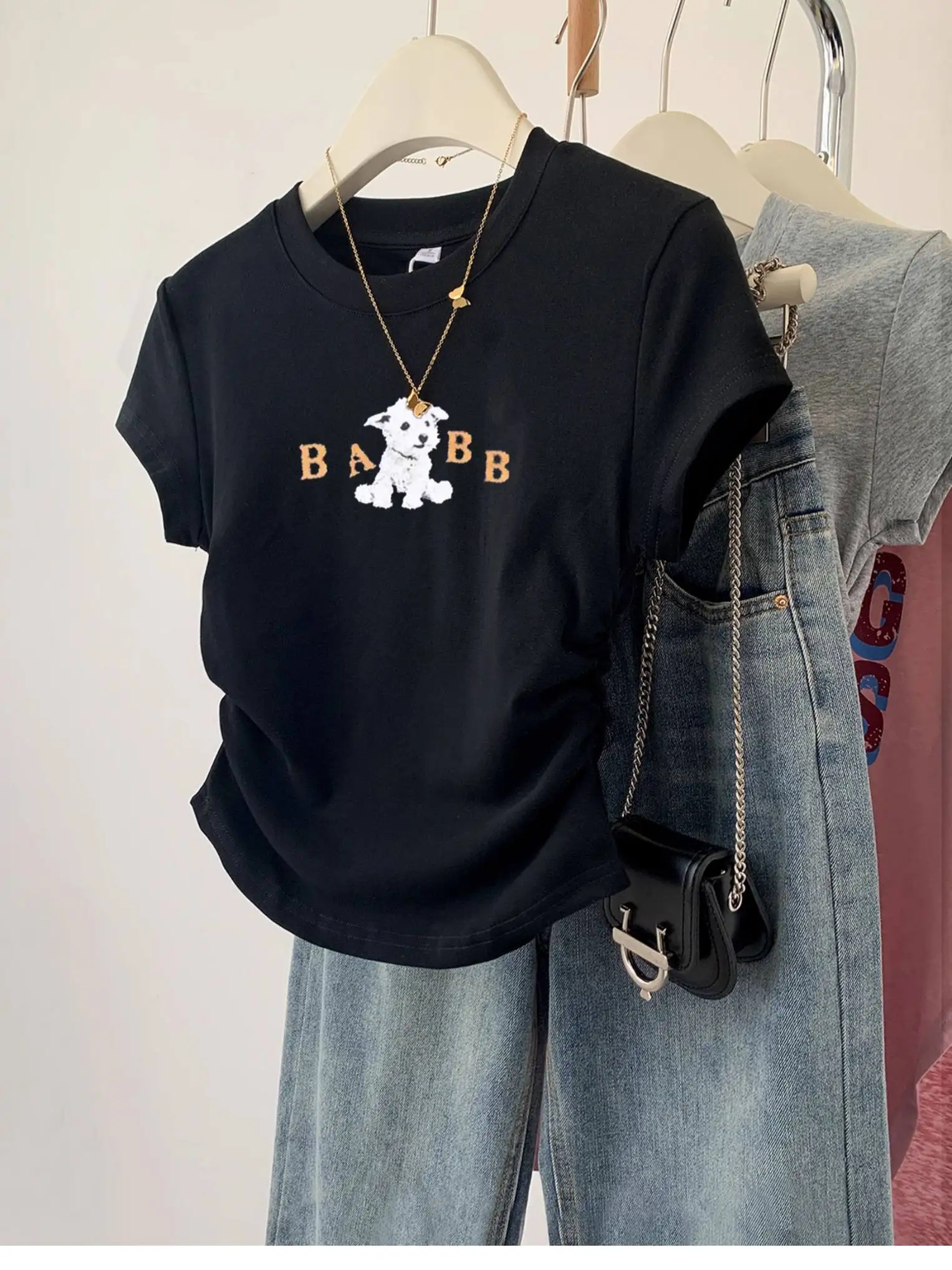 Camiseta Feminina de Verão com Estampa de Cachorro, Ajuste Slim, Cintura Ajustada, Estilo Fashion, Top Fresco