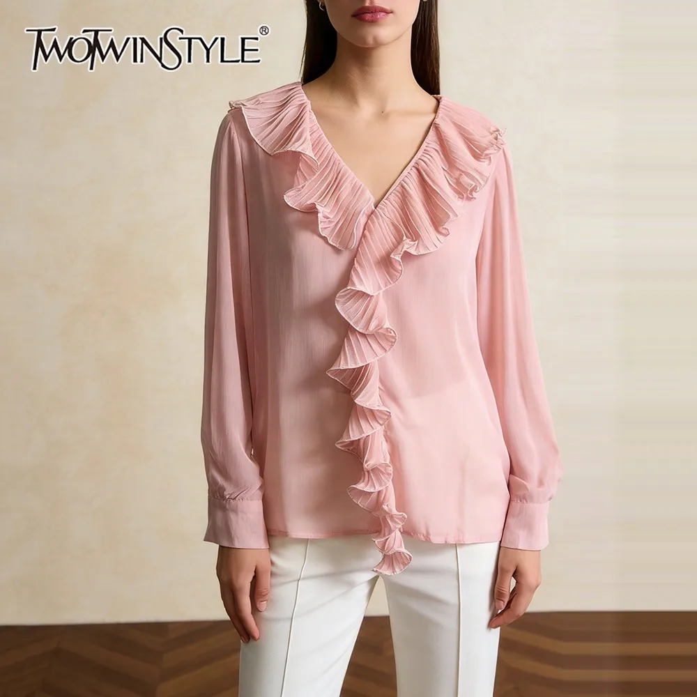 

TWOTWINSTYLE однотонная шикарная рубашка со складками женская с v-образным вырезом и длинным рукавом свободная повседневная минималистичная женская рубашка модная осенняя новинка