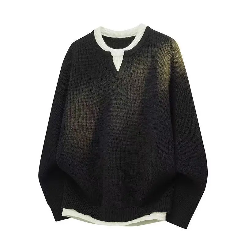 Fake Two Piece Knitted Men's Fashion Trendy Base Shirt Stylish Warm Sweater