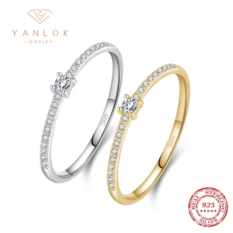 YANLOK Vintage 925 Sterling Silver Sparkling AAAA Cube Zirconia Rings for Women Wedding Stackable Finger Ring Classic Jewelry