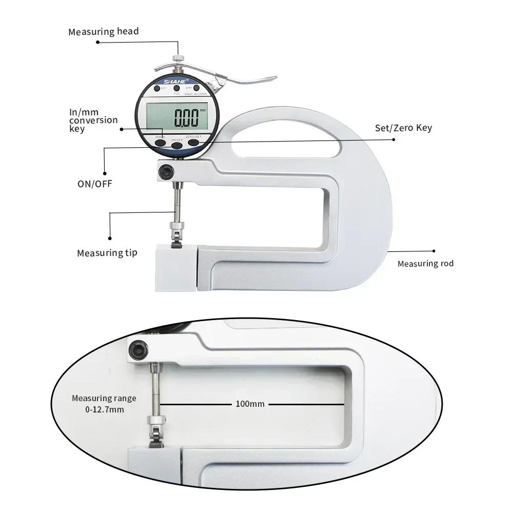 Shahe 0.01Mm 10Mm Digitale Diktemeter Met Rollerinzetstuk Metaaldikte Meting Lederen Filmdikte Meting