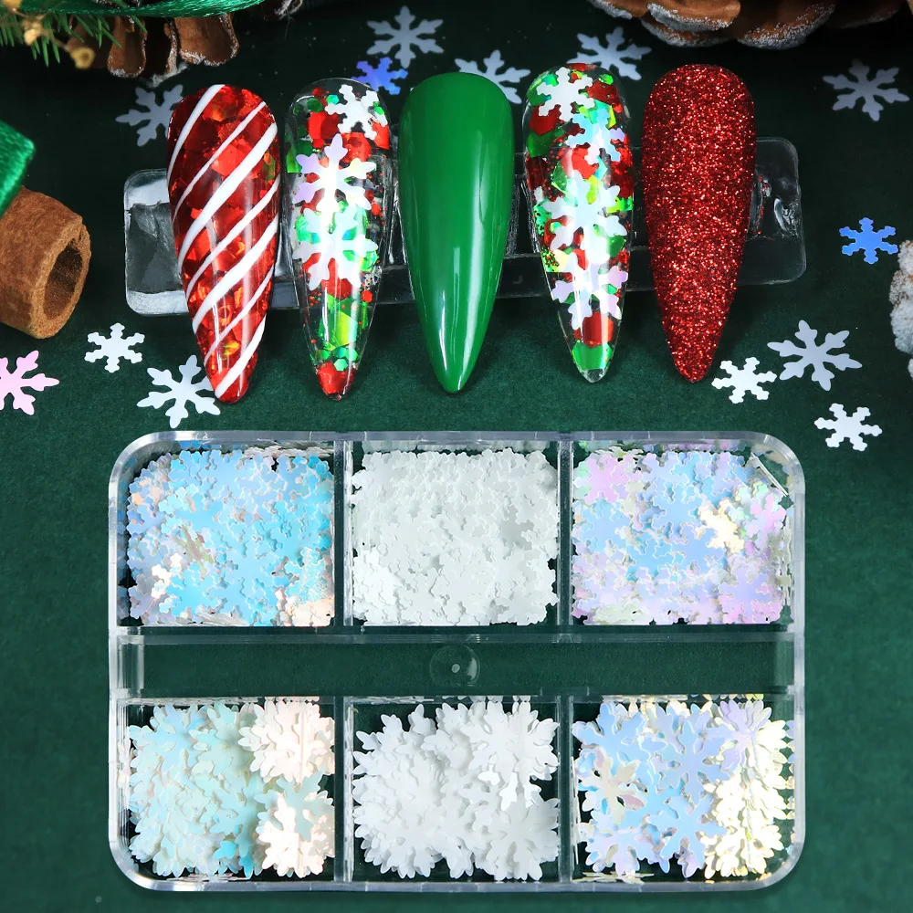 

6grids Snowflake Parts Sequins Nail Art Decoration Kawaii Xmas Snowflake Manicure Charm DIY Nails Tips Figures Christmas Gifts