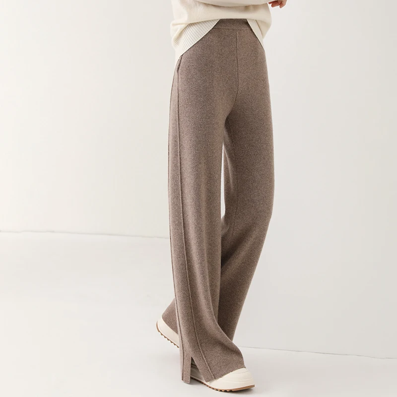 Women Wool Wide Leg Pants Threaded Elastic Waist Cashmere Trousers Autumn Winter 100% Merino Wool Knitted Soft Slit Design Pants