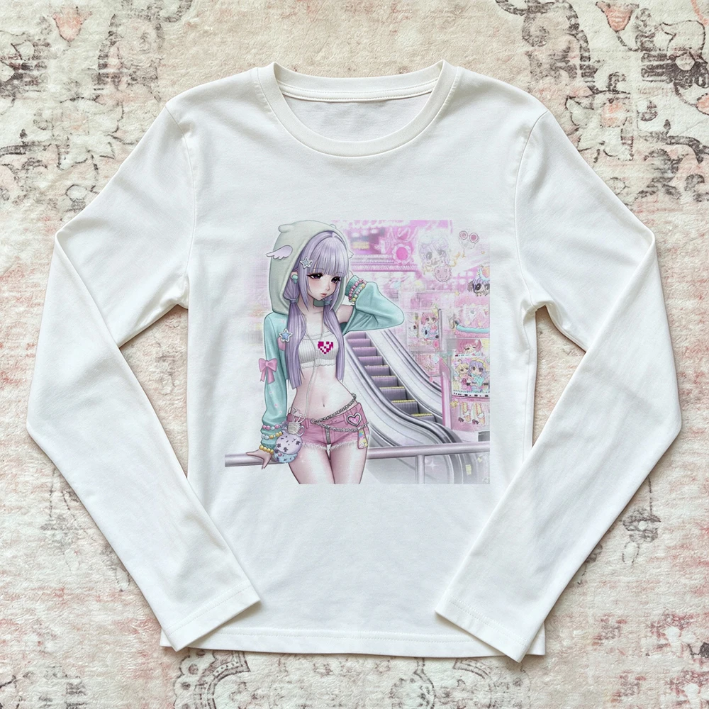 Anime Girl Graphic Long Sleeve T Shirt Women Kawaii Harajuku Streetwear White Tops Aesthetic Pastel Cartoon Print Casual Tee