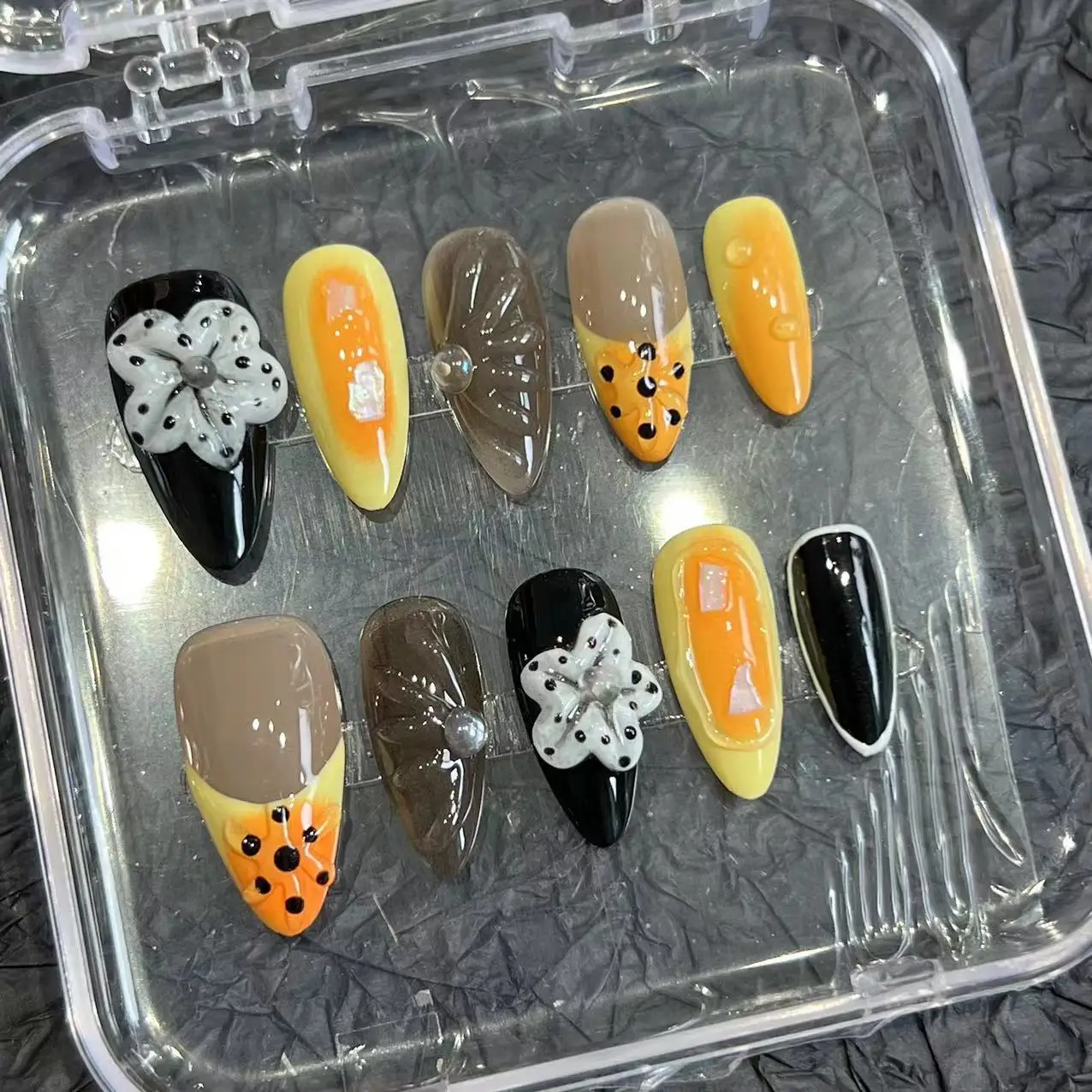 10PCS Handmade False Nails Long Almond Press On Acyrlic Nails Y2K 3D Flowers Decor Orange Gradient French Tip Fake Nails Round